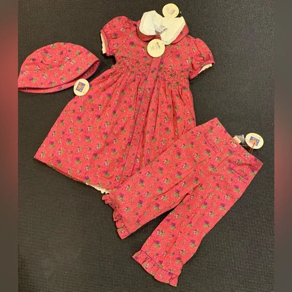 NEW April Cornel Cornelloki Pink Floral Smocked Dress Petticoat Pants Hat Set 2 - Picture 1 of 8